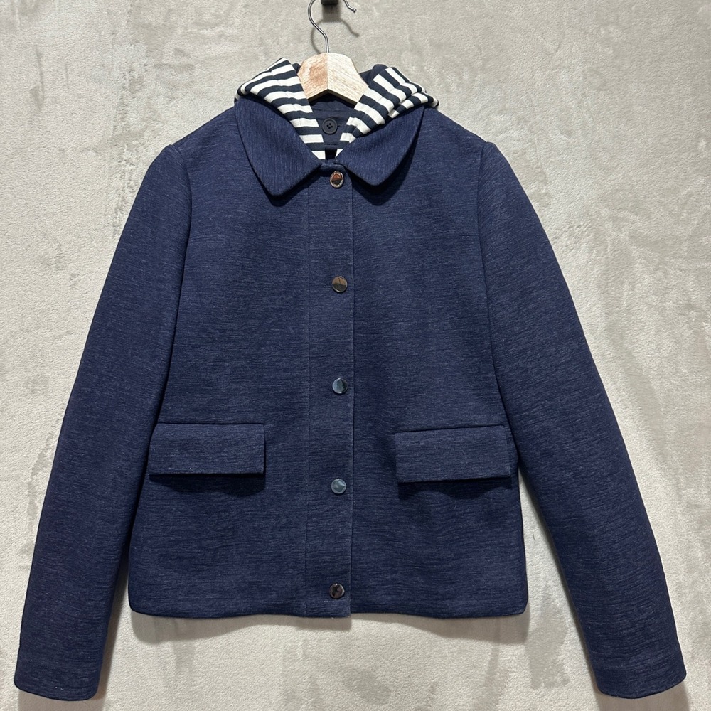 Tory Burch Navy Blue 2- In -1 Dickey Jacket Removable Striped Hoodie Size S